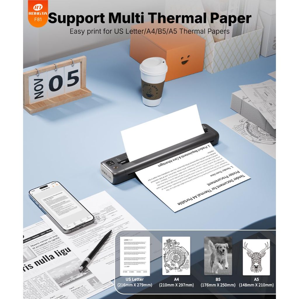 Rongta Portable Printer Bluetooth Inkless Thermal  for 8.5" x 11" US Letter & A4 Size (Gray)
