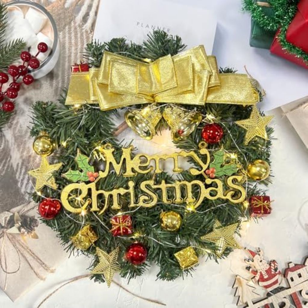 LED Artificial Pine Christmas Wreath with Gold Bow for SUV/Truck Grille