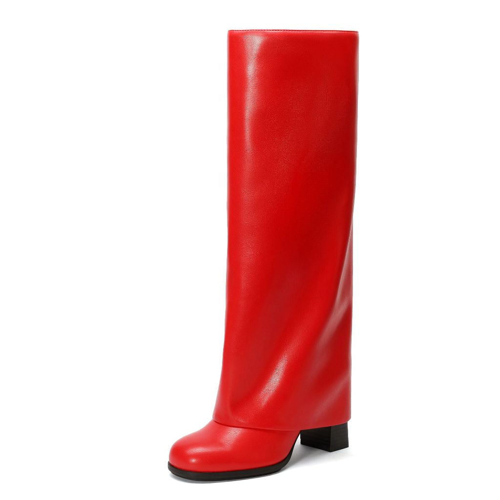 SZ 7, Meolee Knee High Boots Women Fold Over  | Red Leather