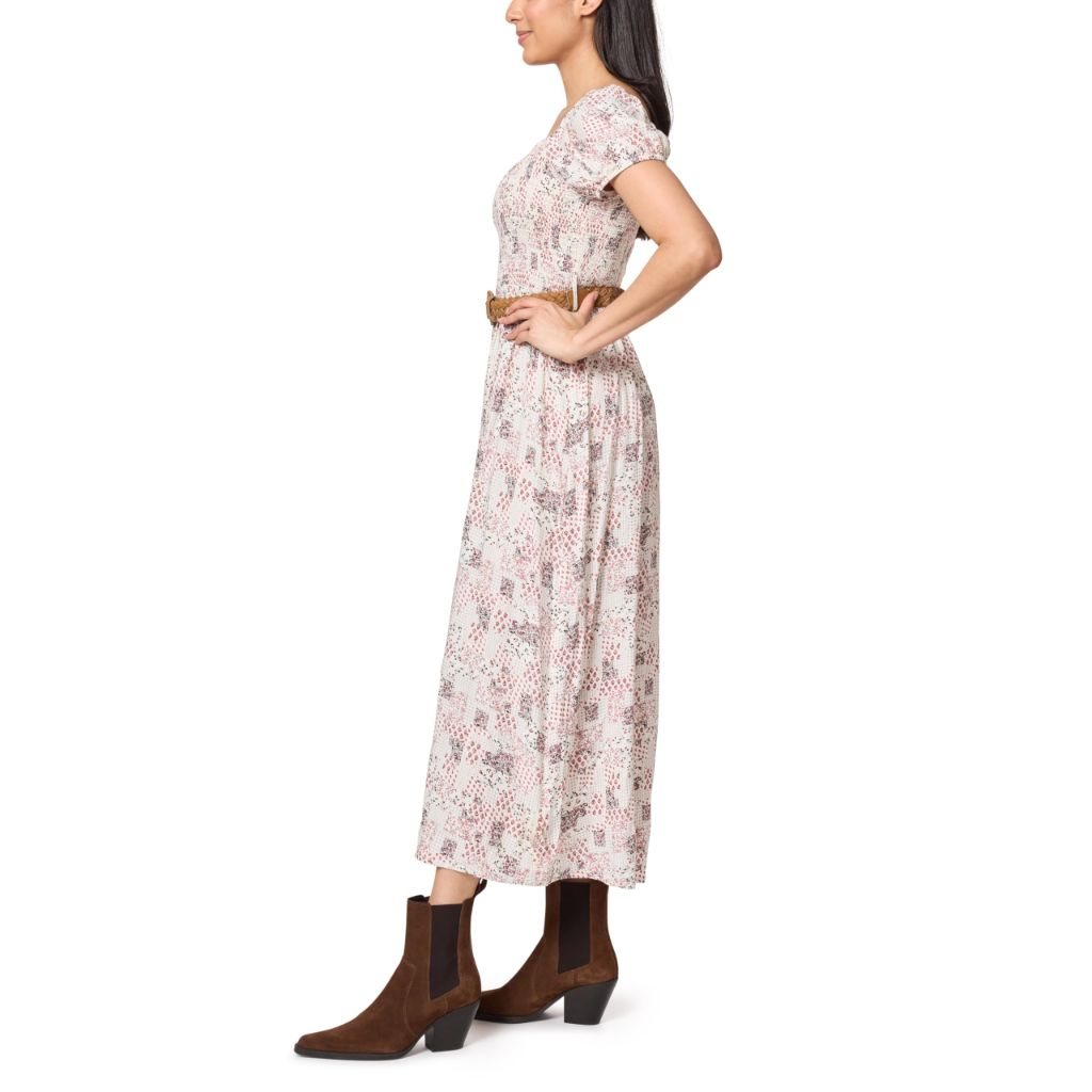 WallFlower Women's Alma Rayon Challis Puff Sleeve Smocked Belted Maxi Dress, Parchment, X-Large