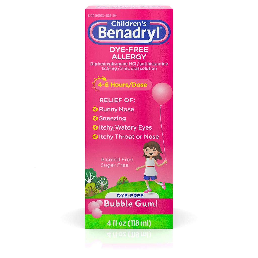 Children’s Benadryl Antihistamine Allergy Relief, Dye-Free Liquid, Bubble Gum Flavored - 4 fl. oz.
