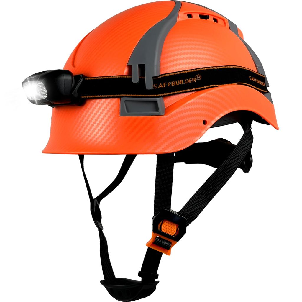 SAFEBUILDER H1X Construction Safety Helmet with Headlight Hard Hat  Certificate ANSI/ISEA Z89.1 (H1X Matte Orange+05L Light)