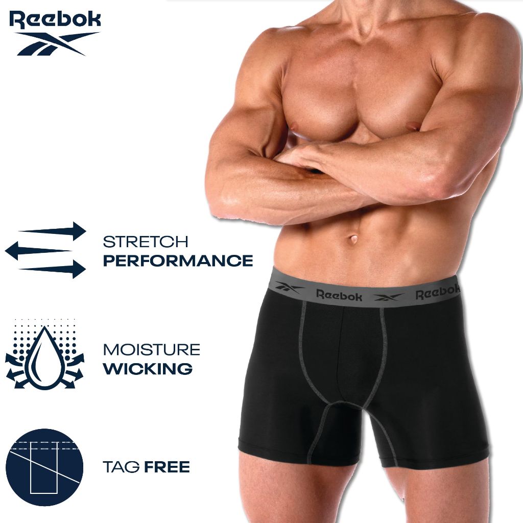 Reebok Mens Boxer Briefs - 4 Pack 6'' Inseam Tag Free Stretch Moisture Wicking Underwear Boxers with Contour Pouch, Size Small, Black/Red/Grey