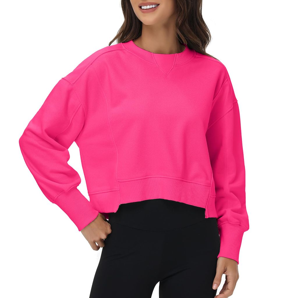 ATOFY Women's Cropped Crewneck Sweatshirts Long Sleeve Oversized Sweatshirt Pullover Fall Crop Top Outfits(Rose,XL)