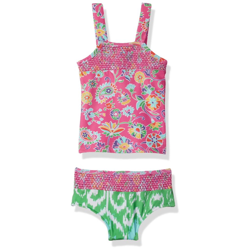 Masala Baby Girls Baby Smocked Tankini Ananya Floral Pink, Pink/Green - size 3-6 Months