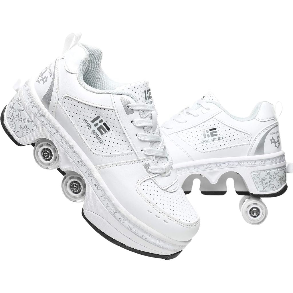2-in-1 Roller Skates Shoes with Retractable 4 Wheels & Pop-Out Deformation Sneakers Outdoor Sports Skating Shoes for Girls Boys size 4