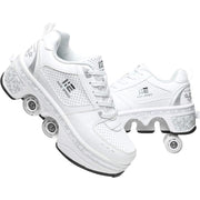 2-in-1 Roller Skates Shoes with Retractable 4 Wheels & Pop-Out Deformation Sneakers Outdoor Sports Skating Shoes for Girls Boys size 4