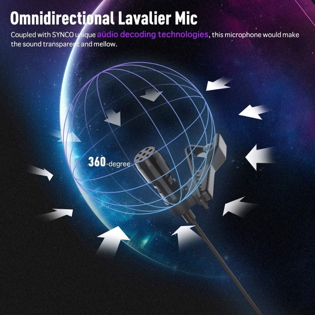 SYNCO Lav-S6M Lavalier Microphone, 3.5mm Audio-Monitor, Supports USB Charging, 19.7' Cable, Noise Reduction