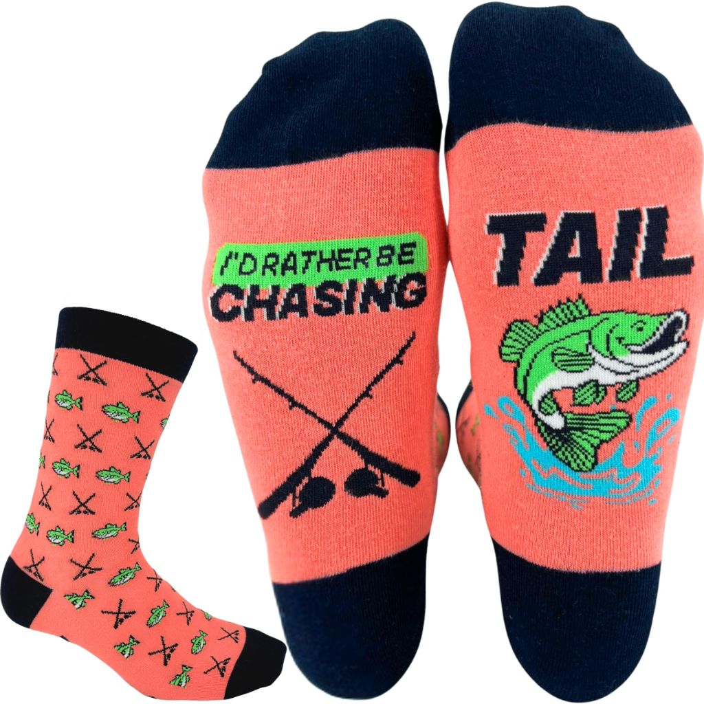 I'D RATHER BE CHASING Funny Fishing Socks for Men, Novelty Mens Crew Sock, Fun Fisherman (One  Size)