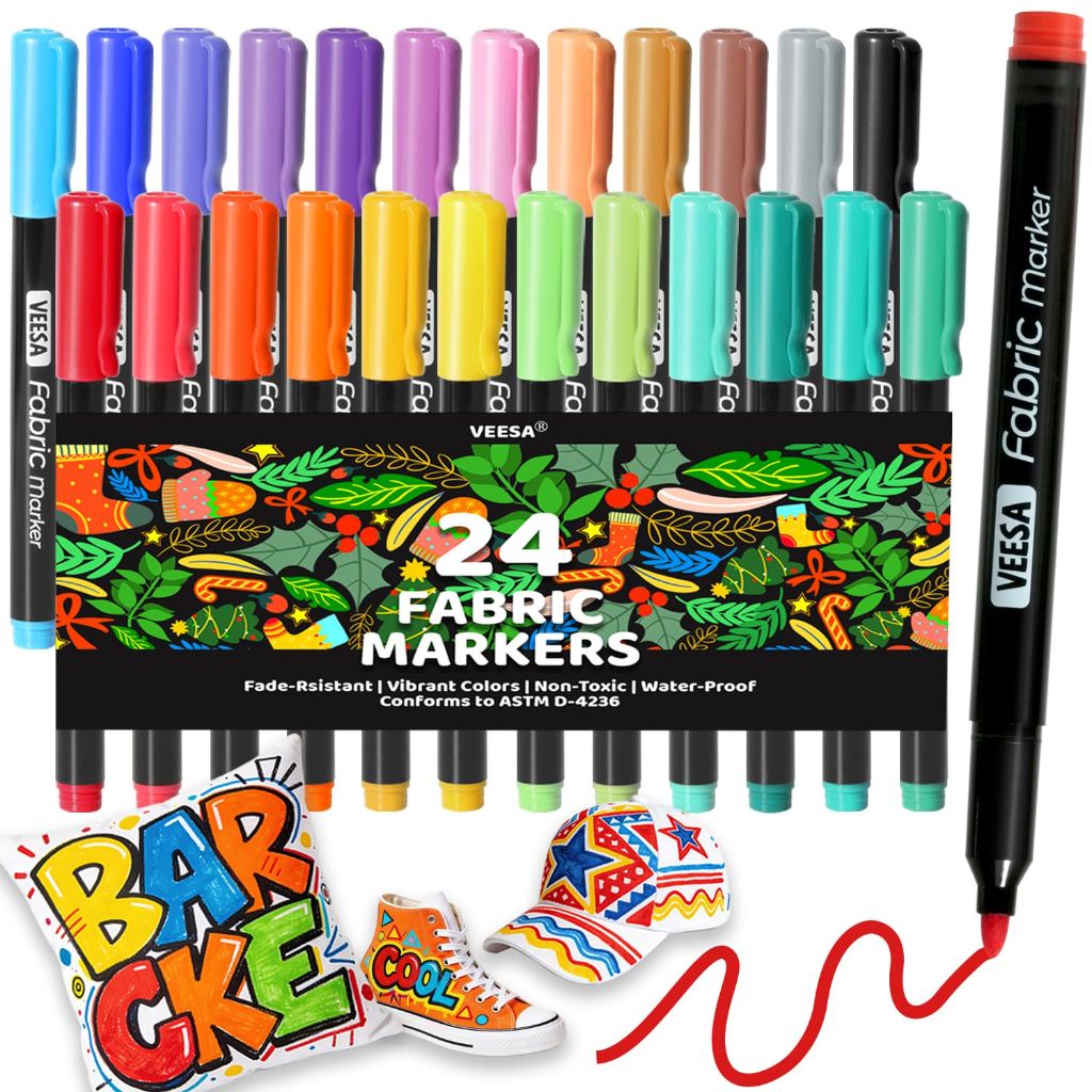 VEESA Fabric Markers Permanent for Clothes, 24 Colors Fine Tip Fabric Paint Pens