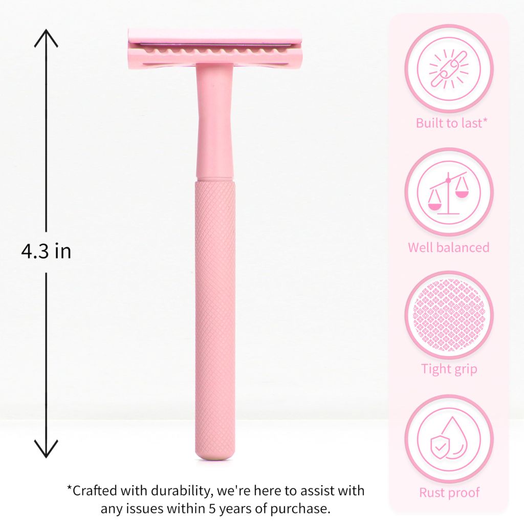 Bambaw Double Edge Safety Razor for Women With 5 Blades - Single Blade, Plastic Free Eco Razor, Reusable - Pink