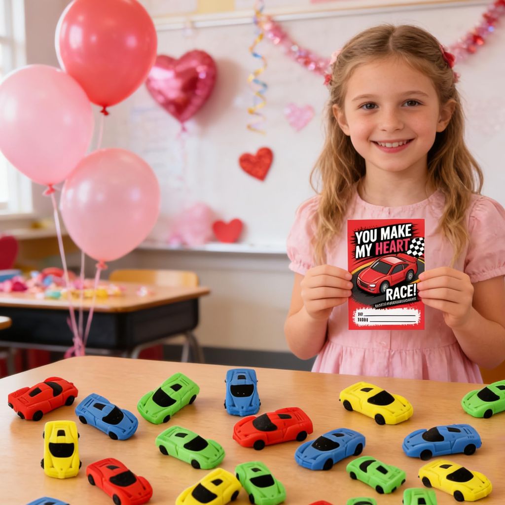 24pcs Valentines Day Cards for Kids School with Car Erasers
