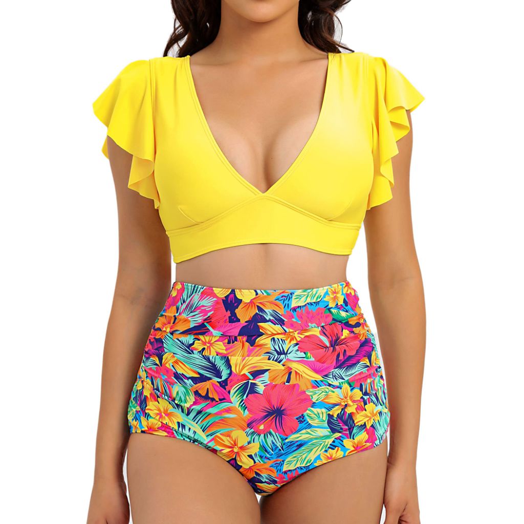 COCOSHIP Yellow & Red Green Colorful Retro Ruffle High Rise Bikini Set Two Piece Push Up Flounce Falbala Pool Swimwear 16