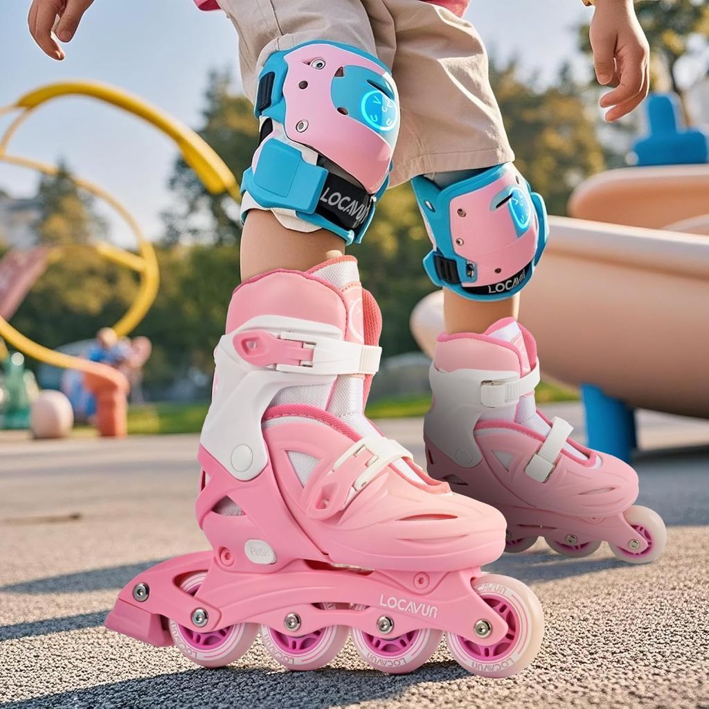 LOCAVUN Girl's Inline Skates with 4 Size Adjustable Light up Wheels - Pink/White, Small (US 9C-12C)