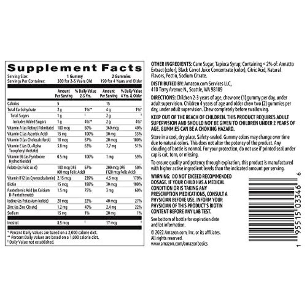 Amazon Basics Kids' Multivitamin Gummies, Cherry, Strawberry & Orange - 380ct (2 Packs of 190)