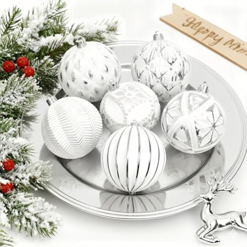 XmasExp Vintage Rustic Christmas Ball Ornaments Sets - Silver White, 6Pcs