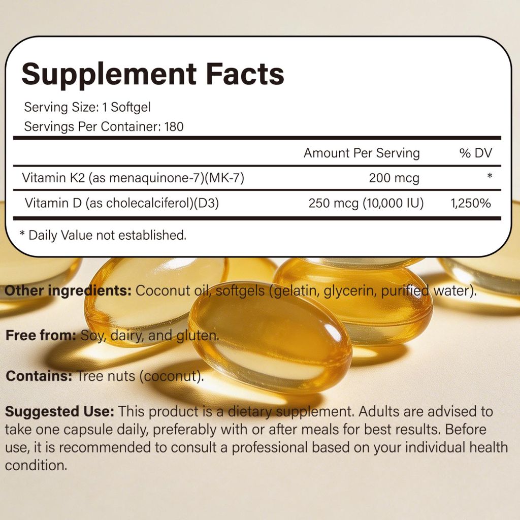 Vitamin D3 10,000 IU with K2 MK-7 200 mcg, 180 Softgels