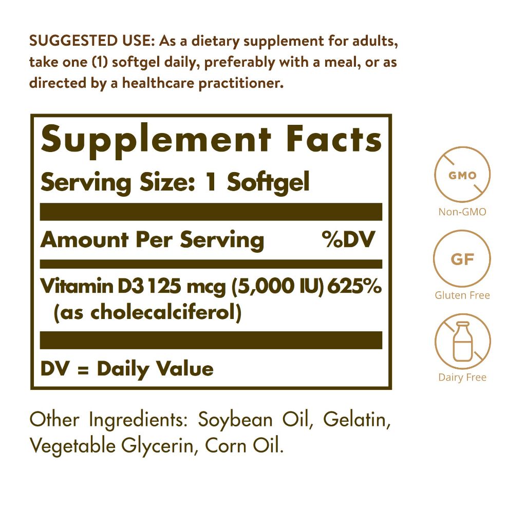 Solgar Vitamin D3 (Cholecalciferol) 100 Softgels - Helps Maintain Healthy Bones & Teeth