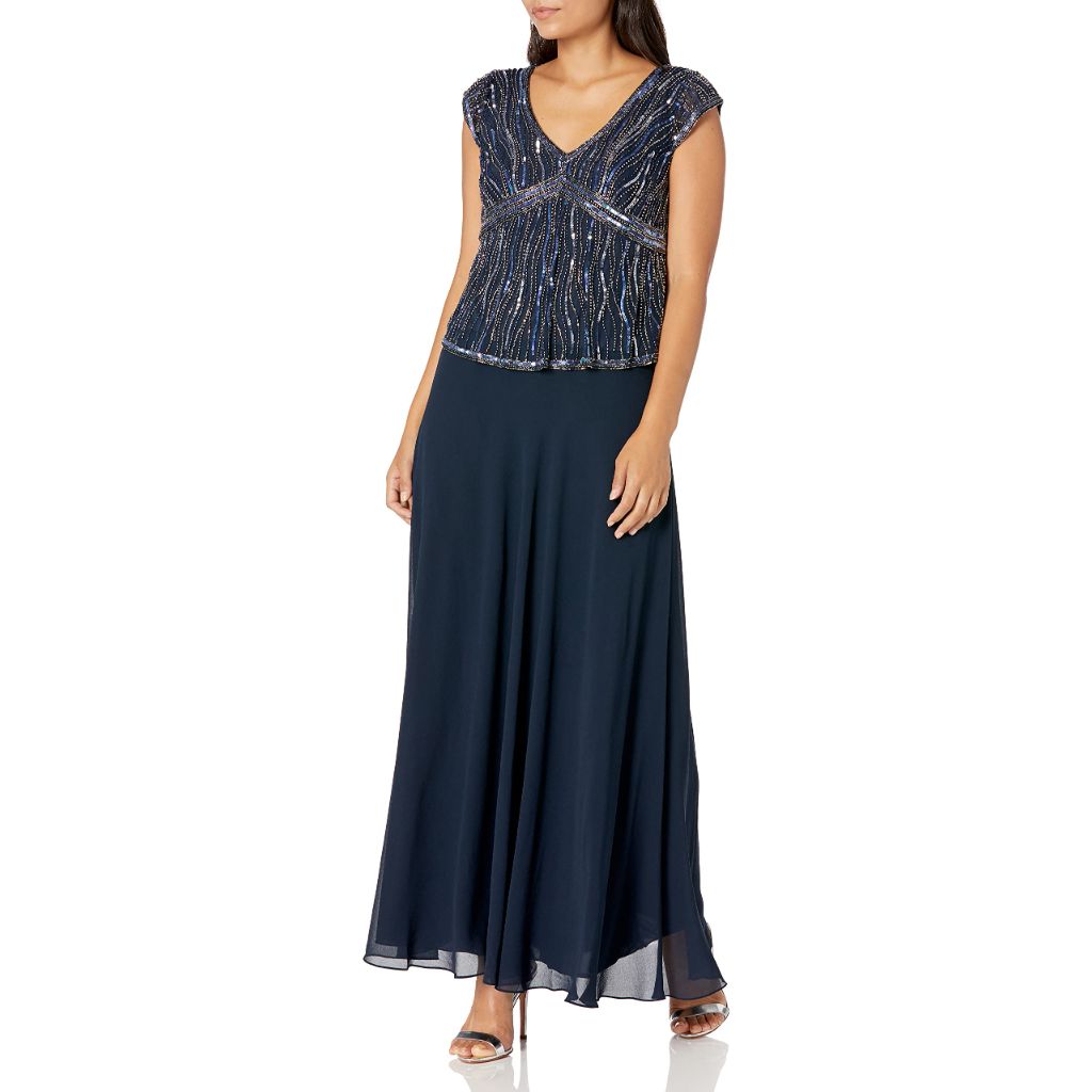 J Kara Women's Short Sleeve V-Neck Beaded Pop Over Dress Dress, Navy/Multi, 16