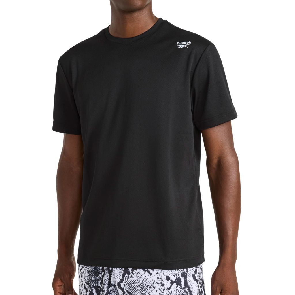Reebok Men’s Poseidon Short Sleeve T-Shirt, Standard Fit, Breathable Stretch Waffle-Knit Jacquard Fabric, Black, Large