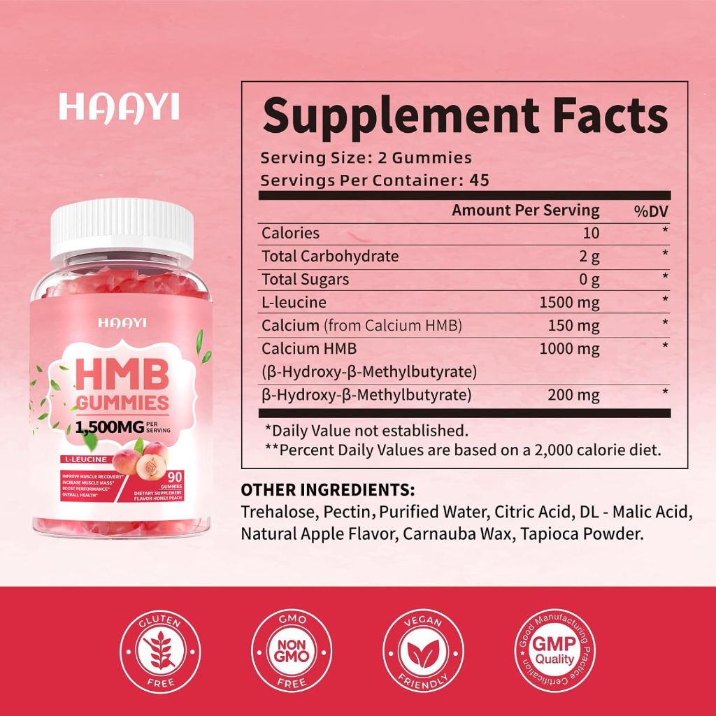 HMB and Leucine Supplements for Men & Women, Sugar Free, Peach Flavor | 90 Gummies
