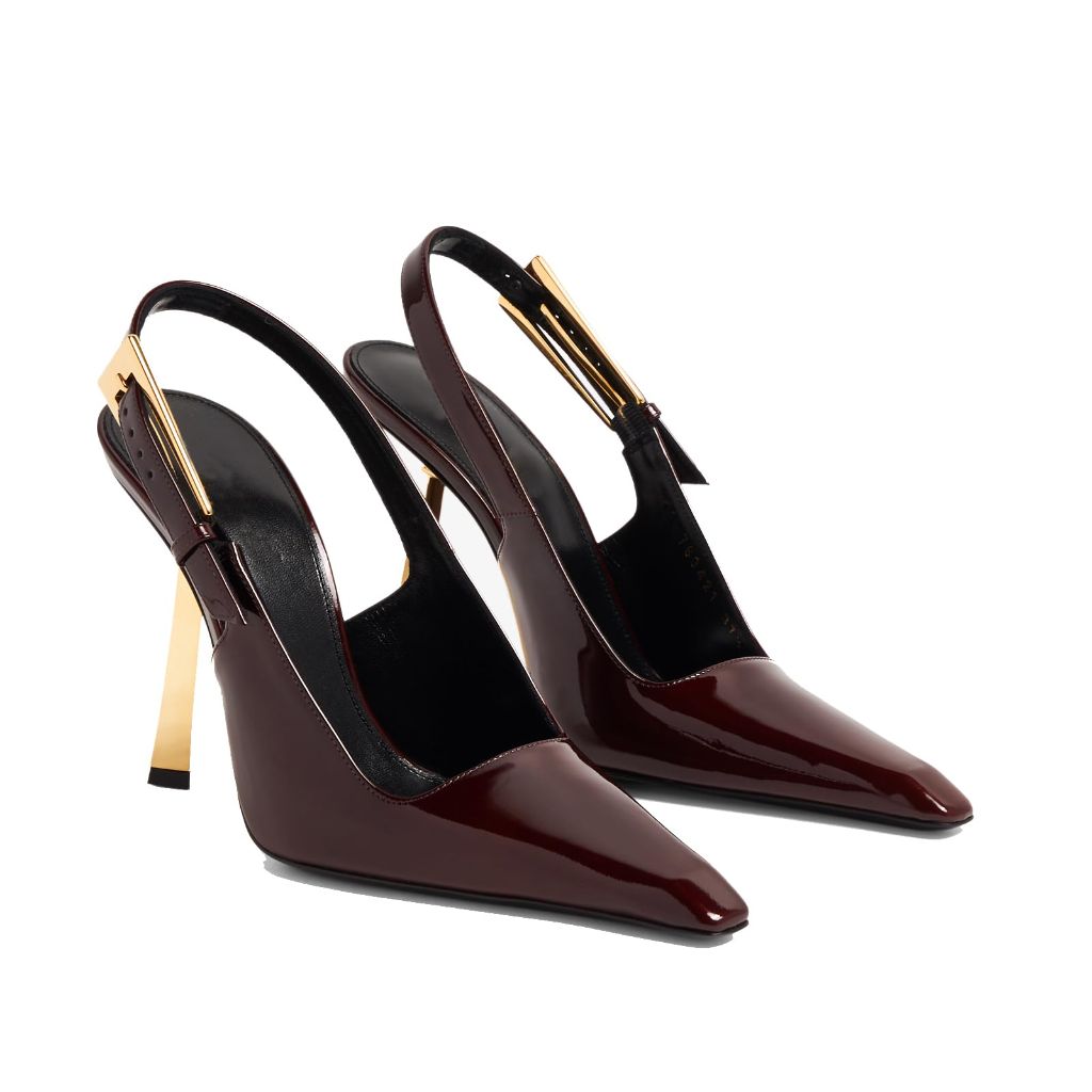 THESHY Women's Slingback Stiletto High Heels Square Toe Metal Buckle Pumps Backless Patent Leather Fashion Dress Shoes for Women Burgundy
