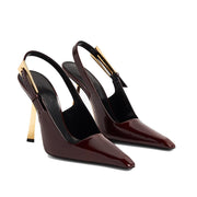 THESHY Women's Slingback Stiletto High Heels Square Toe Metal Buckle Pumps Backless Patent Leather Fashion Dress Shoes for Women Burgundy