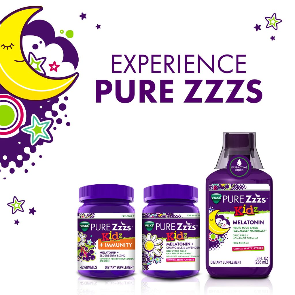Pure Zzzs Kidz + Immunity by Vicks, Melatonin Sleep Aid Gummies for Kids and Children | Berry Flavored, 42 Gummies