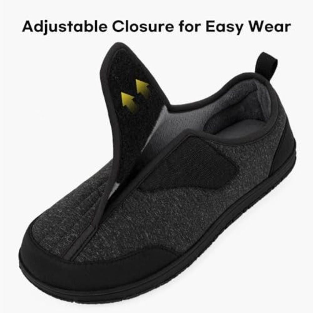 LongBay Men's Wide Slippers Adjustable Diabetic House Shoes Comfy Swollen Edema Slippers Indoor Outdoor Black 12