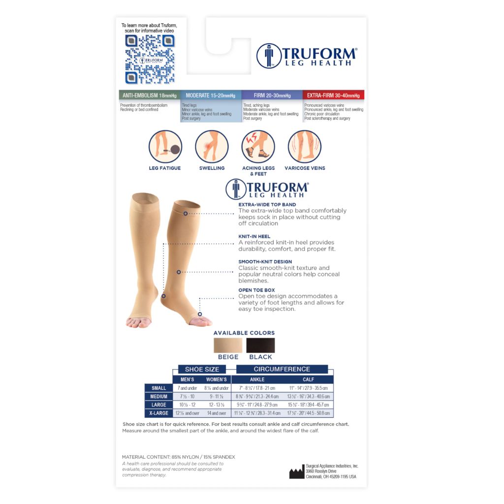 Truform 15-20 mmHg Compression Stockings for Men and Women, Knee High Length, Open Toe, Beige, Large