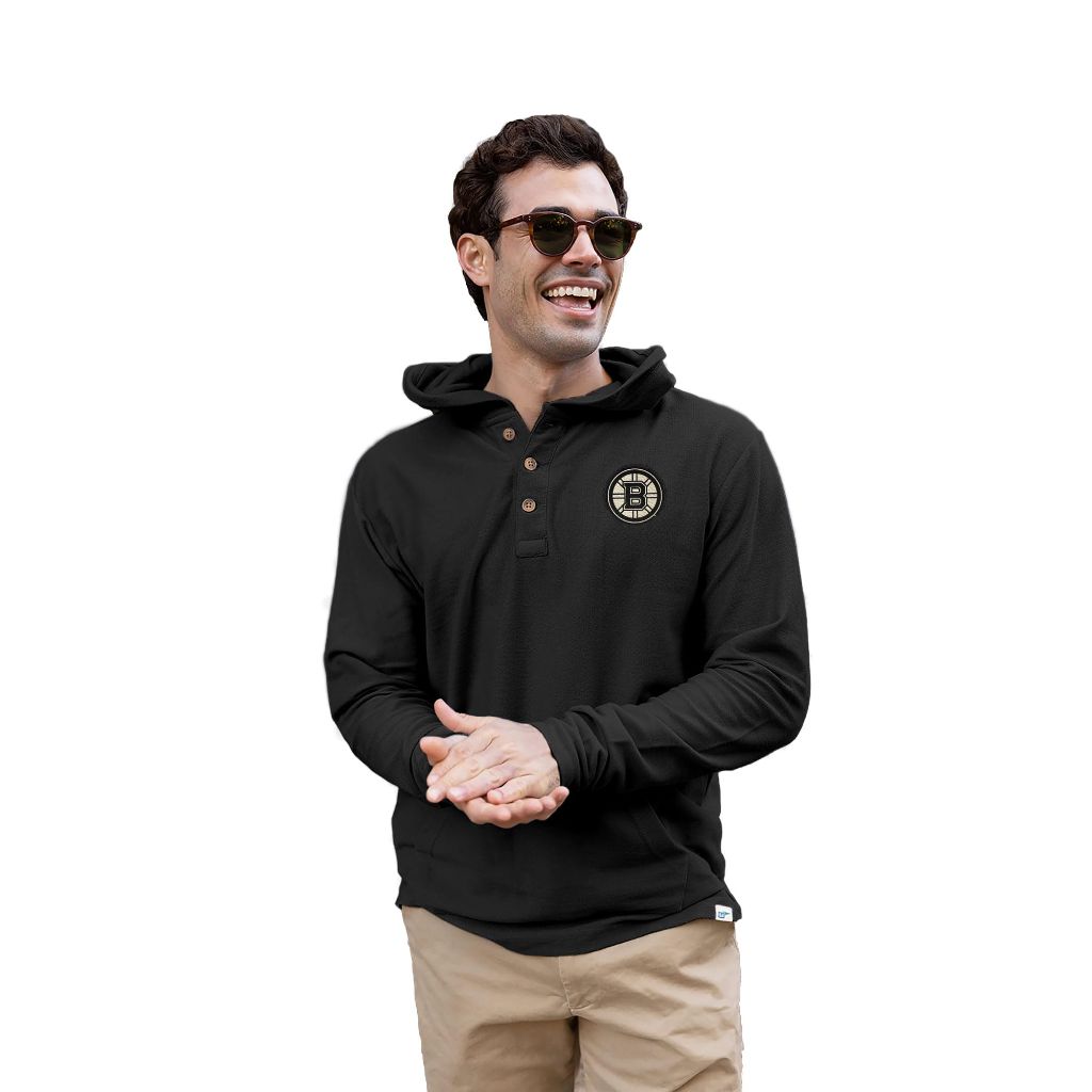 Boston Bruins NHL Officially Licensed Henley Hoodie Leather Patch, Medium (Black)
