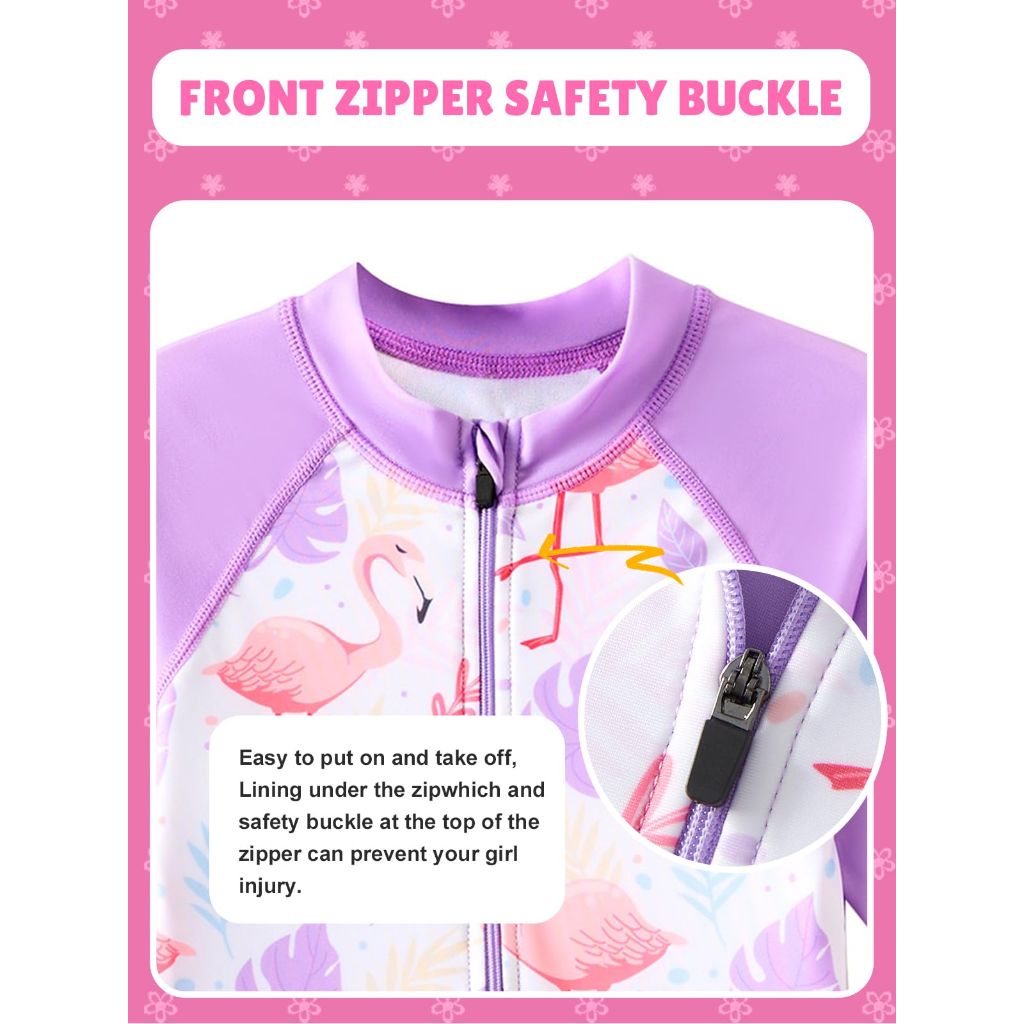 SZ 7Y, Angel season Girls Long Sleeve Bathing Suit Rash Guard | Zipper Flamingo Purple