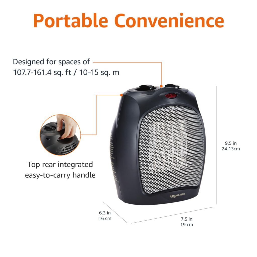 Amazon Basics Ceramic Space Heater, Portable Indoor Heating Solution, 1500W, 7.52"D x 6.34"W x 9.45"H, Black