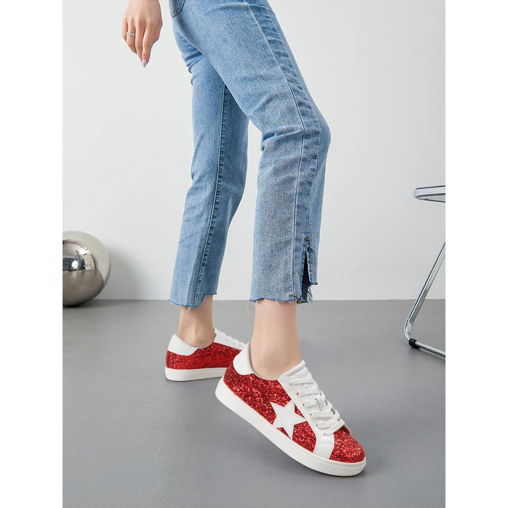 PARTY Women's Fashion Sneaker Lace Up Low Top Comfortable Cushioned Walking Shoes,Podcast,RED Glitter,8