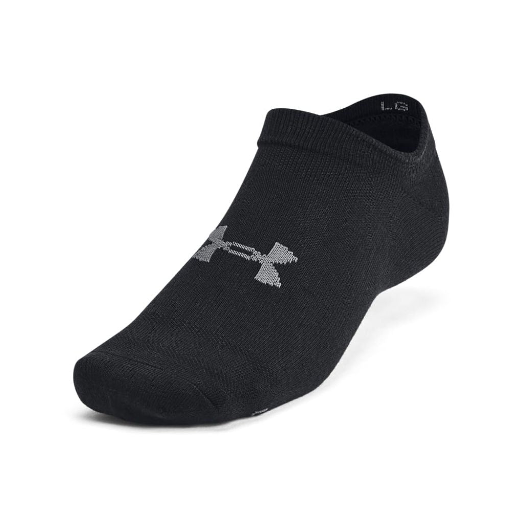 SZ L, Under Armour Unisex-Adult Essential No Show Socks 6 Pack, (001) Black/Black/Castlerock