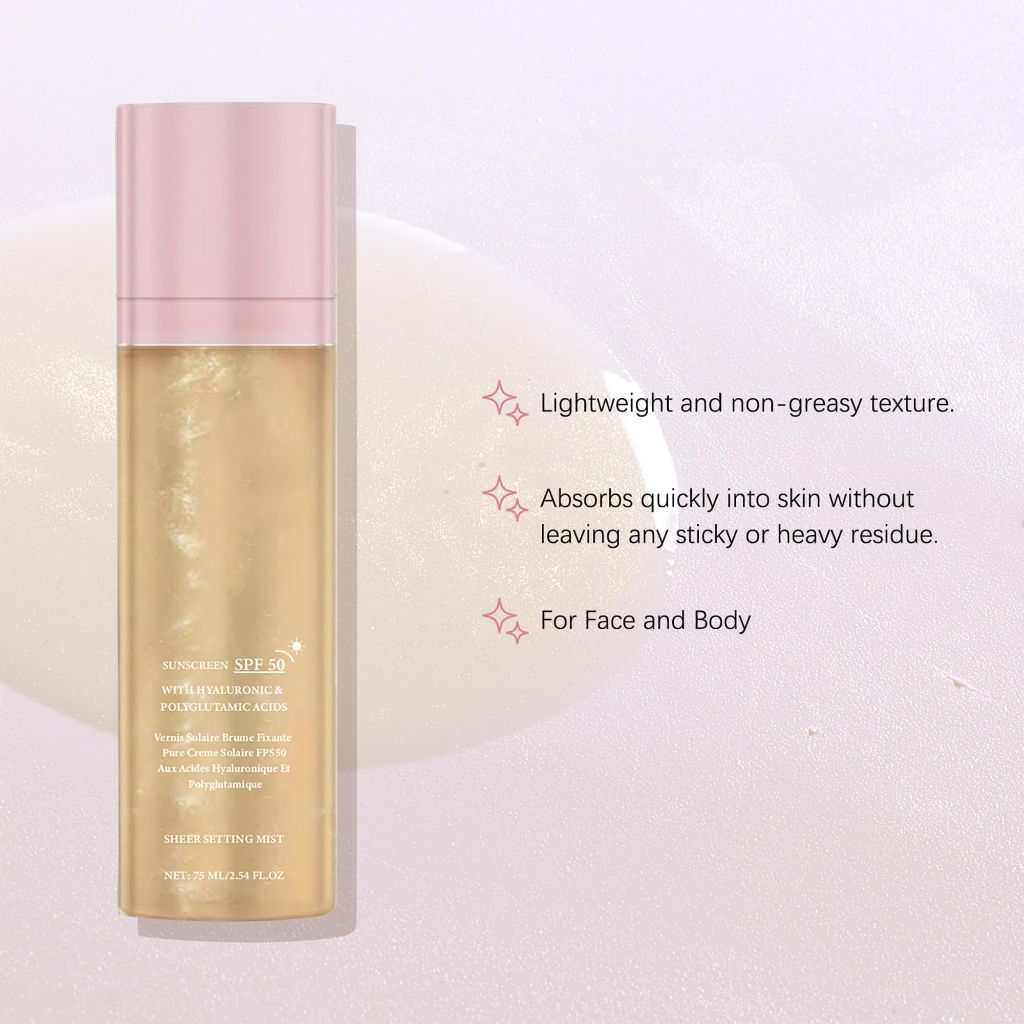 Sheer Setting Mist Sunscreen SPF 50 - Hydrating Shimmering Glow Oil Mist, Broad Spectrum
