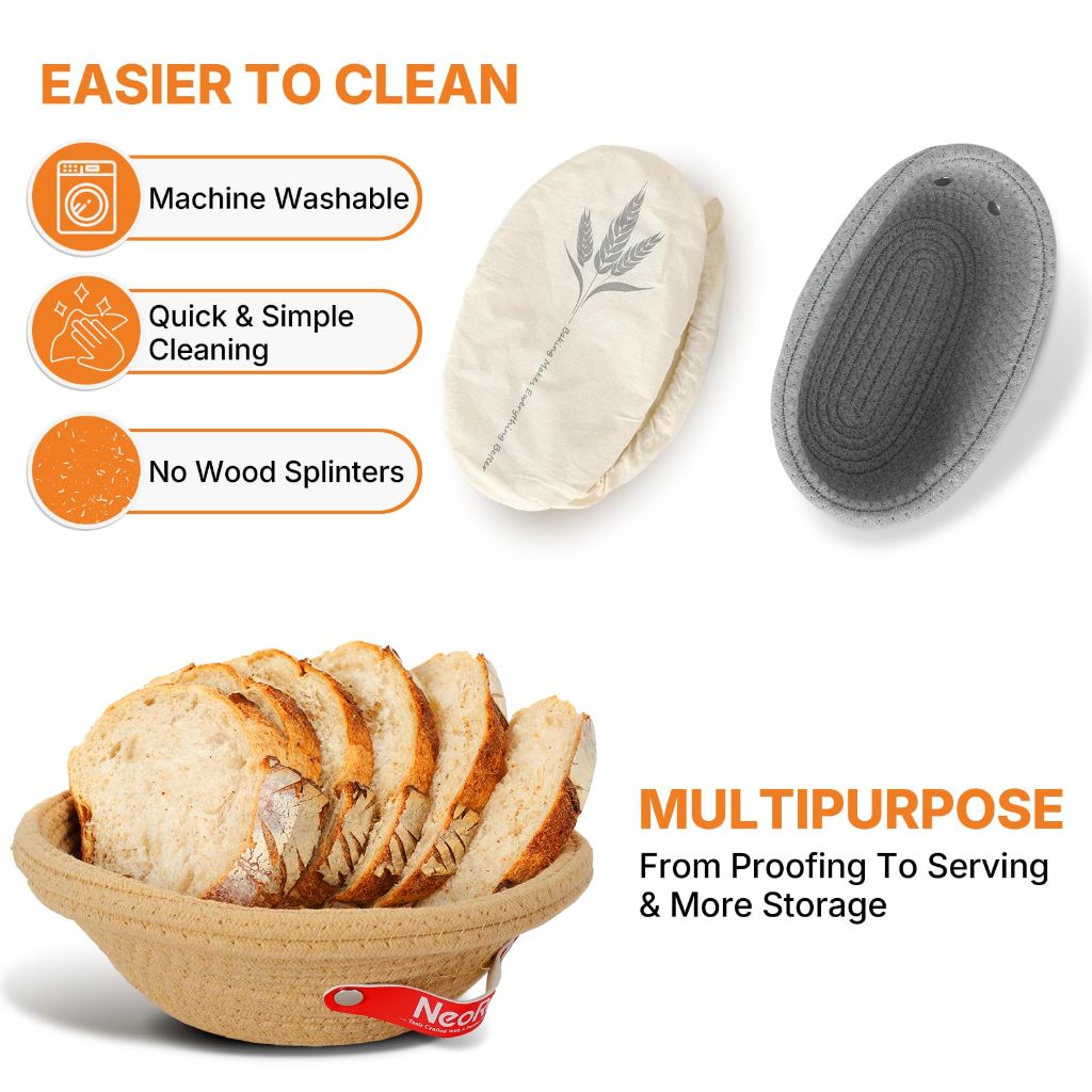 NeoRov Cotton Rope Proofing Basket Set - Oval & Round Sourdough Baskets