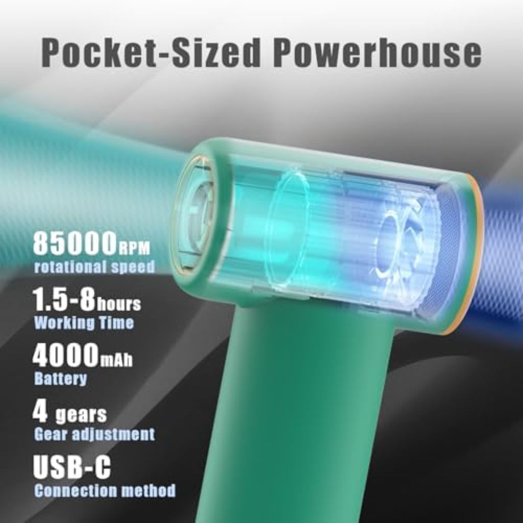 Handheld Portable Turbo Fan, 85000RPM Super High-speed Fan with 4-speed, 4000mAh, USB-C Rechargeable Personal Battery Operated, Mini Small Pocket Design for Travel/Outdoor/Vacation/Concert/Gift, Green