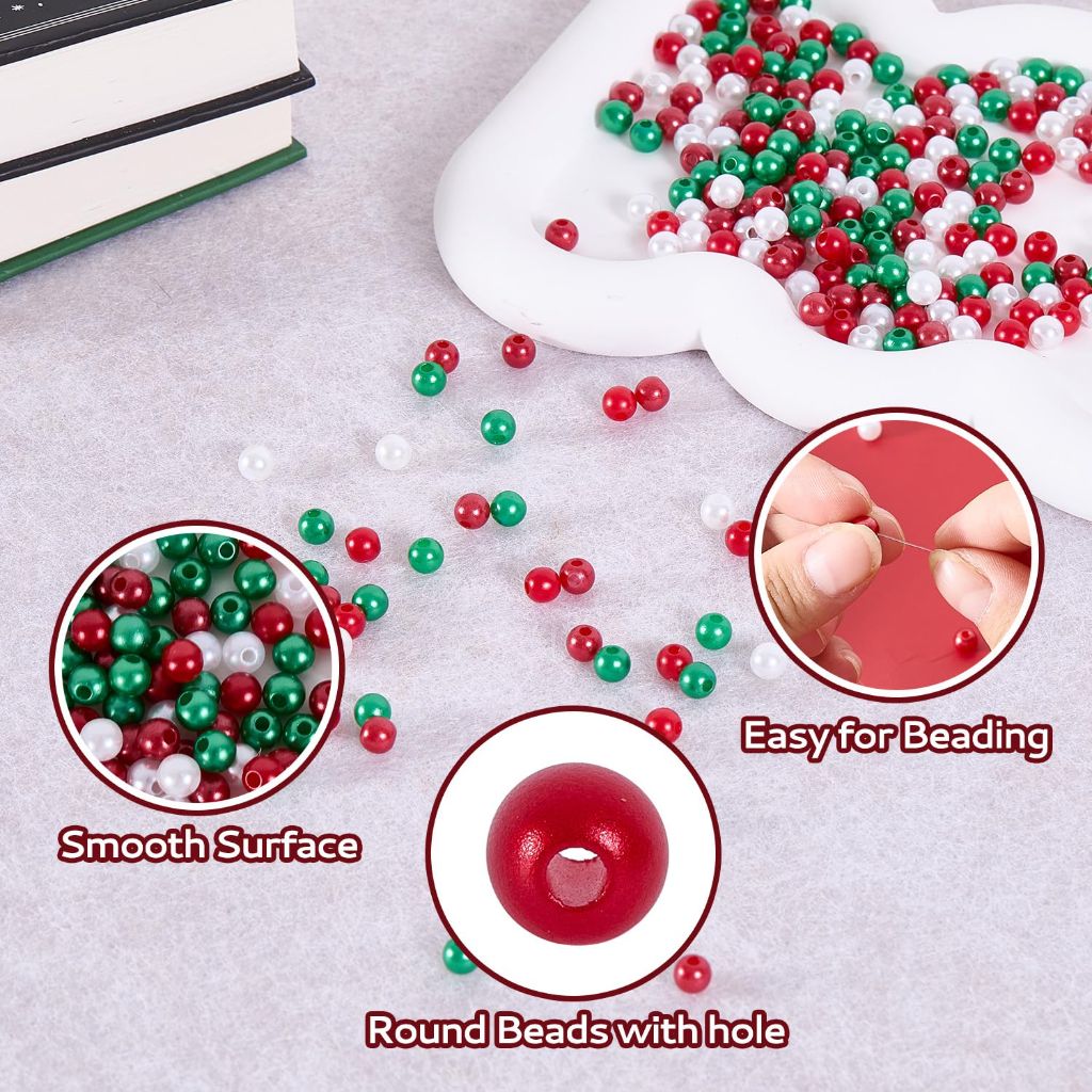1200pcs 6mm Pearl Beads, Red Green White Christmas Round Spacer Beads with 10M Elastic Cord for Jewelry Making, Xmas Ornaments & DIY Crafts (Red Green White)
