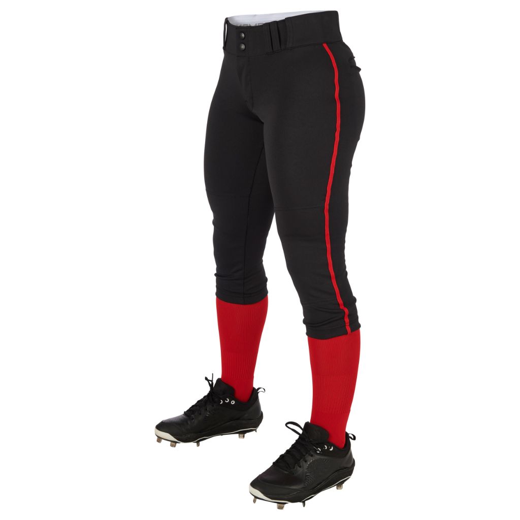 Champro Girls' Standard Tournament Low-Rise Youth Softball Pants with Braid, Black, Scarlet Pipe, Small
