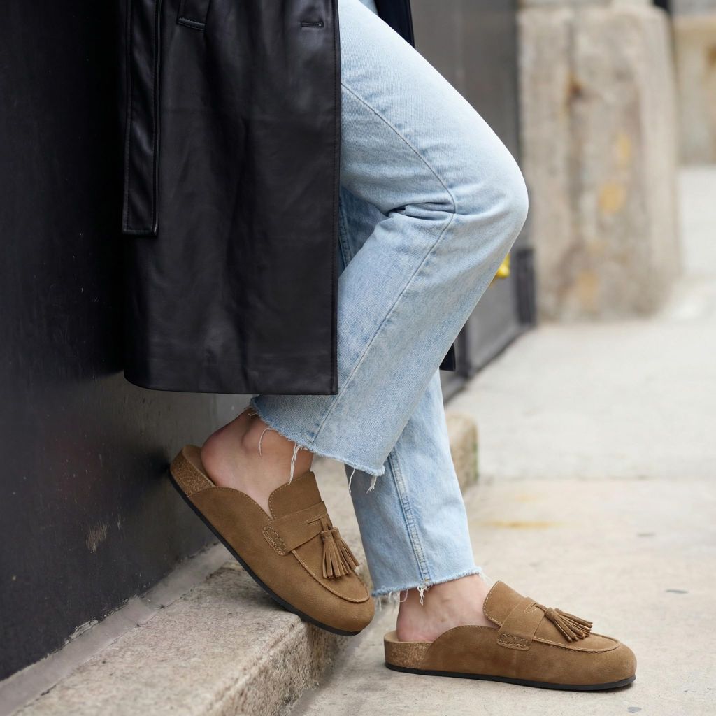 Yellhum Faux Suede Mules for Women Tassel Flat Loafers Comfort Clog Mules Slip on Round Toe Casual Boat Slippers Shoes Tan