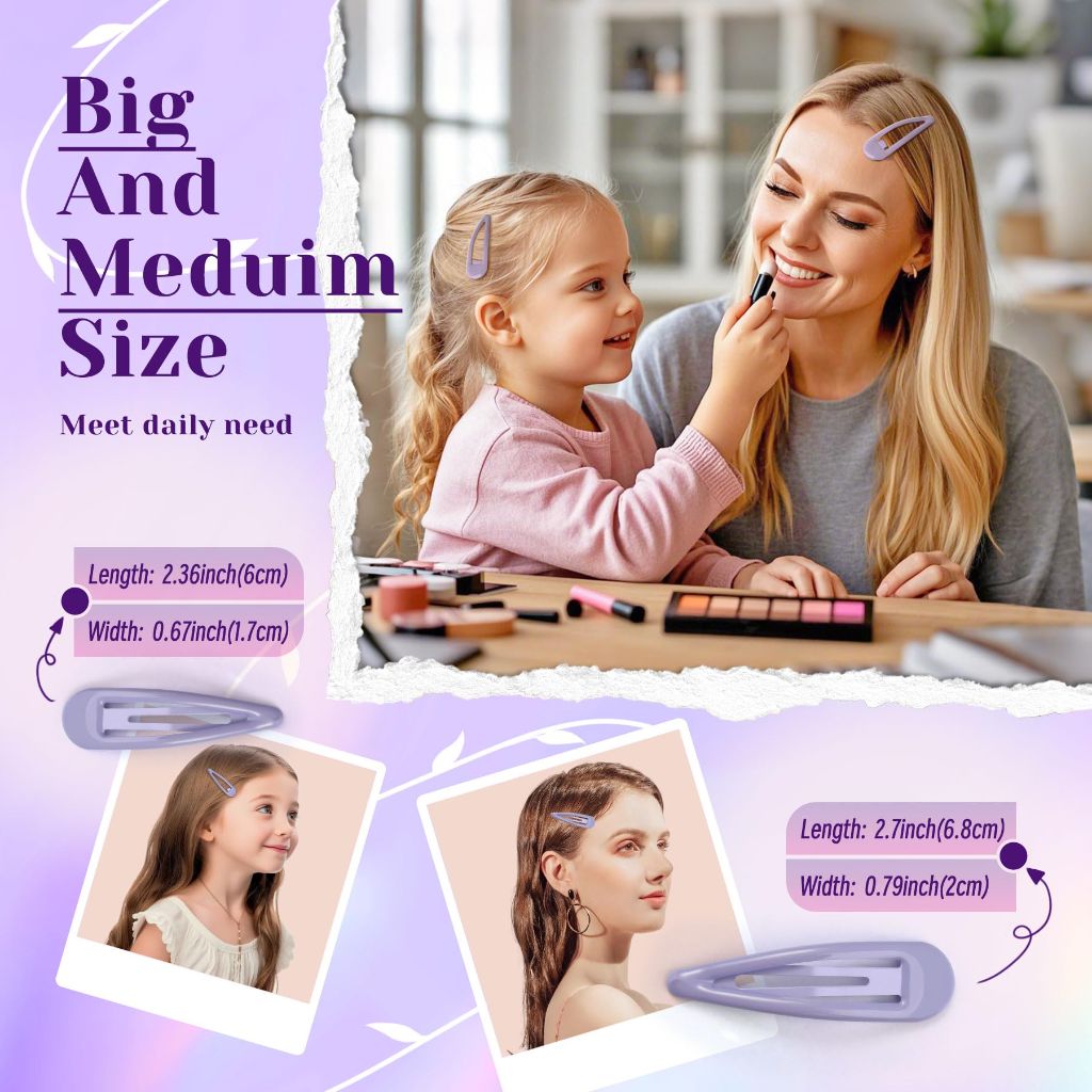YIERSO Metal Snap Hair Clips,  for Women Kids  (8pcs 2.36inch & 8pcs 2.7inch) (Purple Pink)