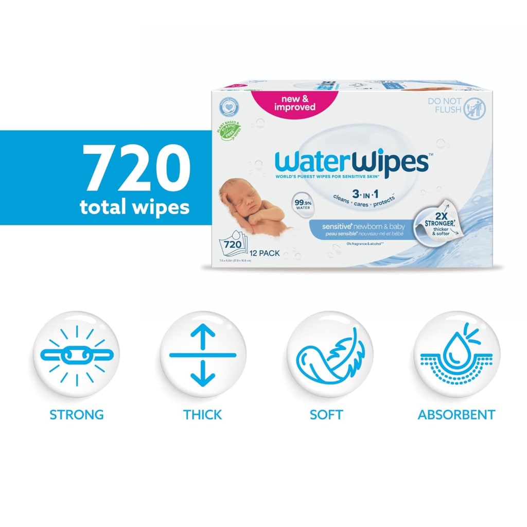 WaterWipes Sensitive+ Newborn & Baby Wipes - Unscented & Hypoallergenic, 99.9% Water - 720ct (12 Packs of 60 Wipes)