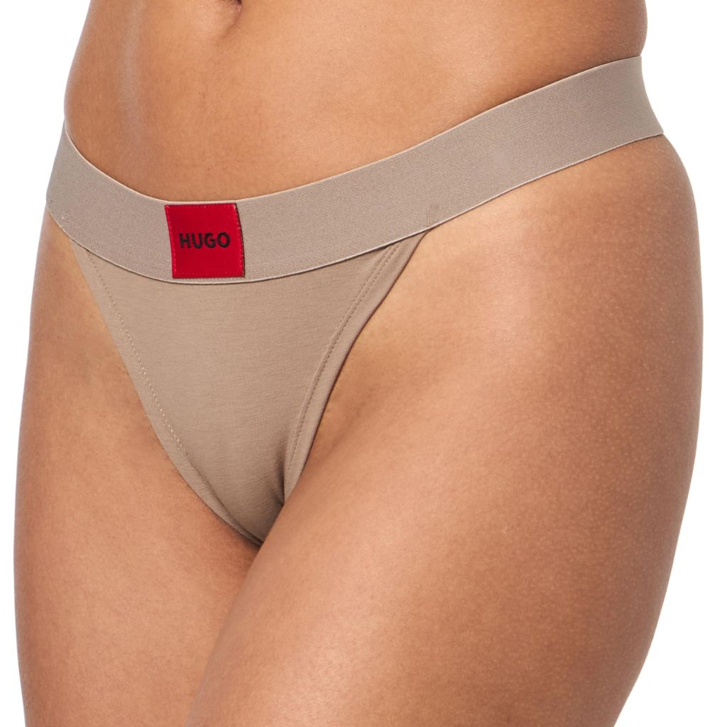 HUGO, Square Logo Cotton String Thong Panties, Taupe Grey, XS