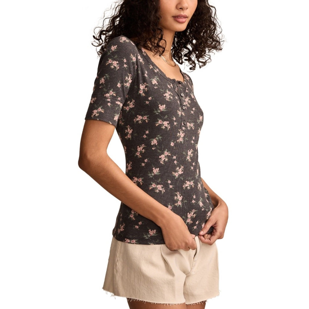 Lucky Brand Women's Ribbed Henley Tee - Black Floral Medium