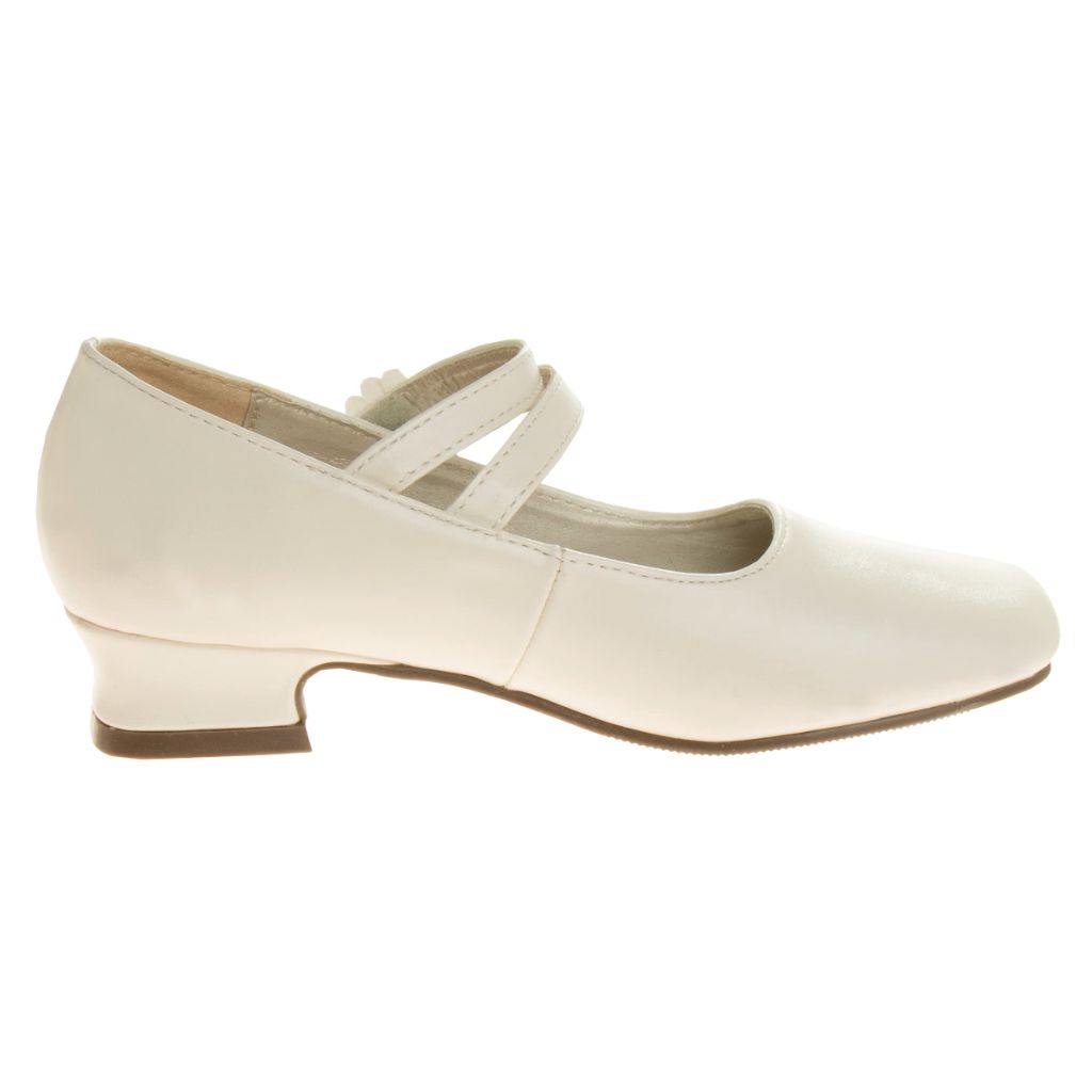 Josmo Girls Mary Jane Dress Shoes – Patent Block Low Heel Pumps with Flower and Adjustable Buckle Strap Ballet Party Flats, Glossy Beige (1 Medium, Big Kid)