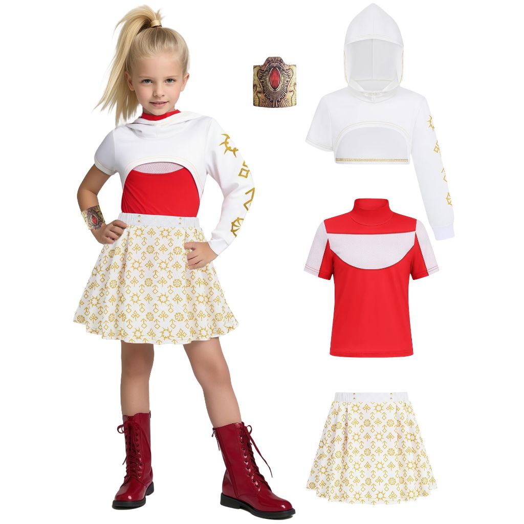 IBQ Girls Cheerleader Costume Set - Kids Halloween Dress Up with Top, T-Shirt, Skirt & Bracelet