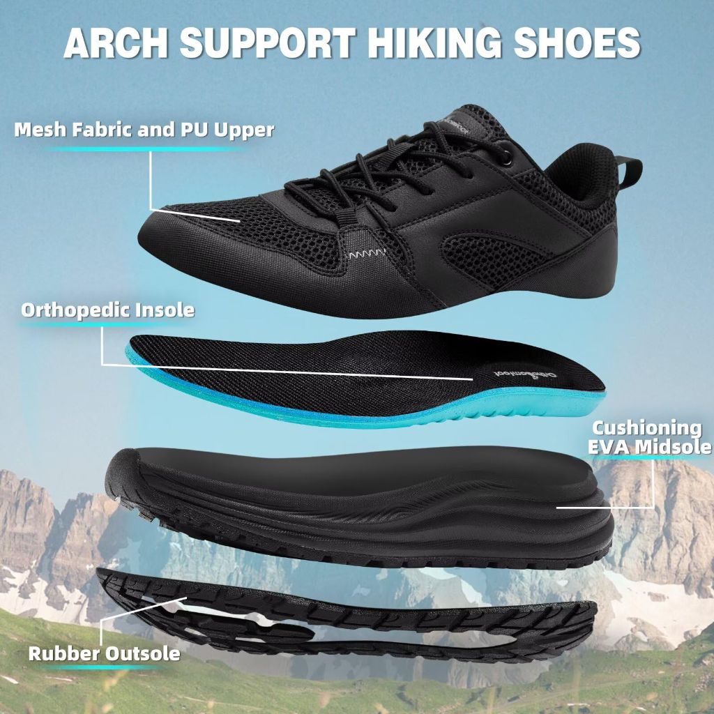 Men's Orthopedic Slip On Trail Sneakers: Fit Plantar Fasciitis Neuropathy Orthotic Arch Support Heel Spur Hiking Walking Shoes, Breathable Metatarsal Travel Bowling Work Trekking Shoes Black Size 9.5