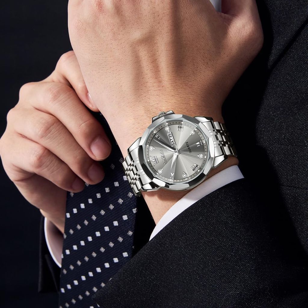 OLEVS Watches for Men Diamond Analog Quartz Stainless Steel Waterproof Watch