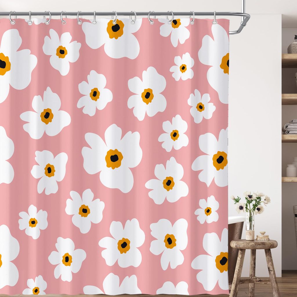 Boho Pink Retro Floral Shower Curtain for Bathroom 72W*72H Inch